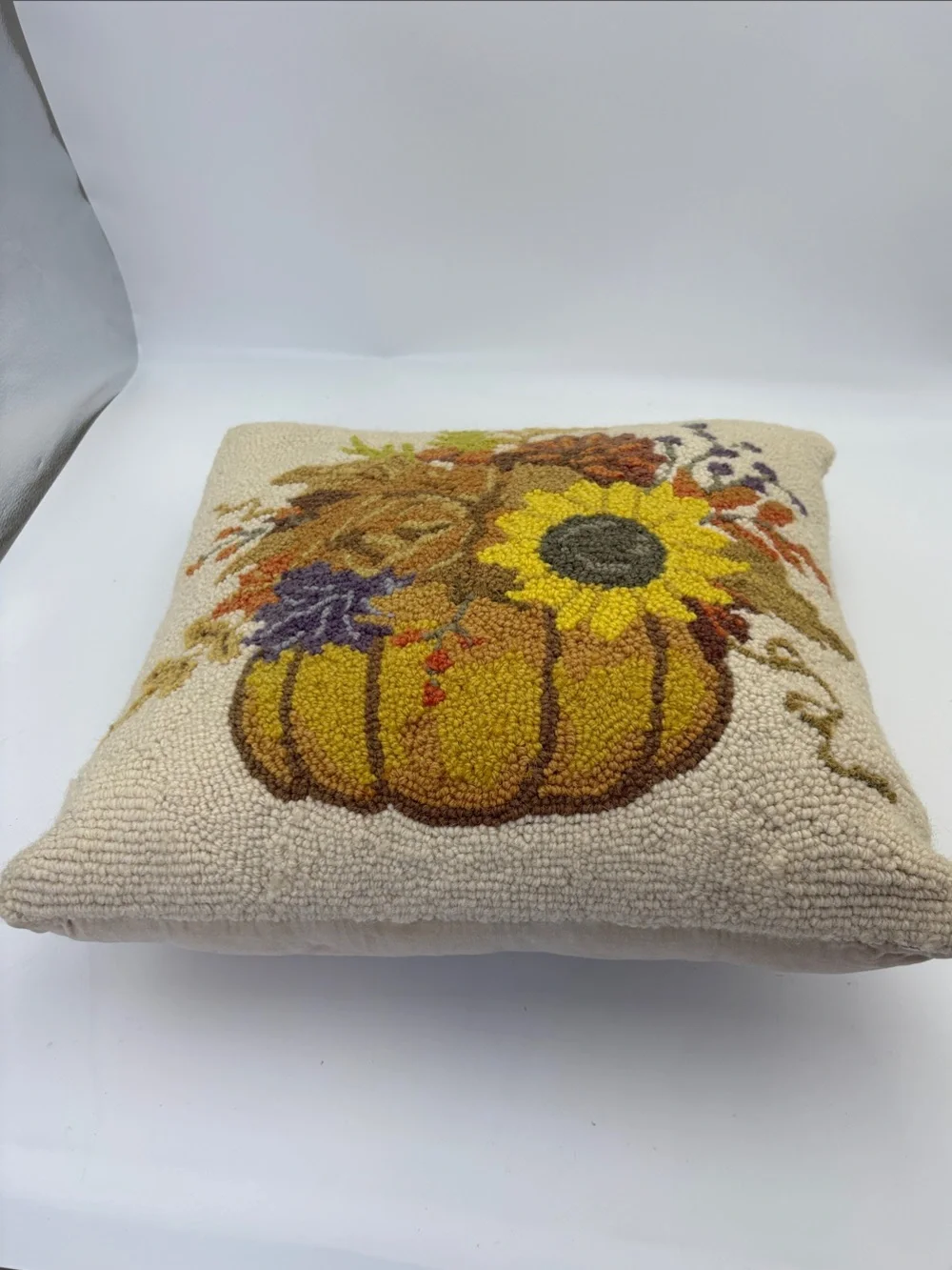 Handhooked Fall Pumpkin & Sunflower Accent Pillow